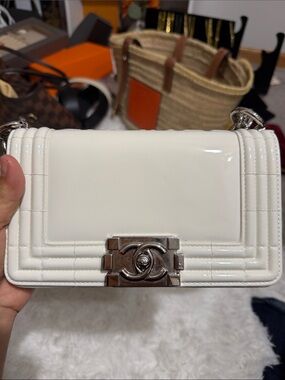 CHANEL White Patent Boy Flap Mini Bag with Silver Hardware